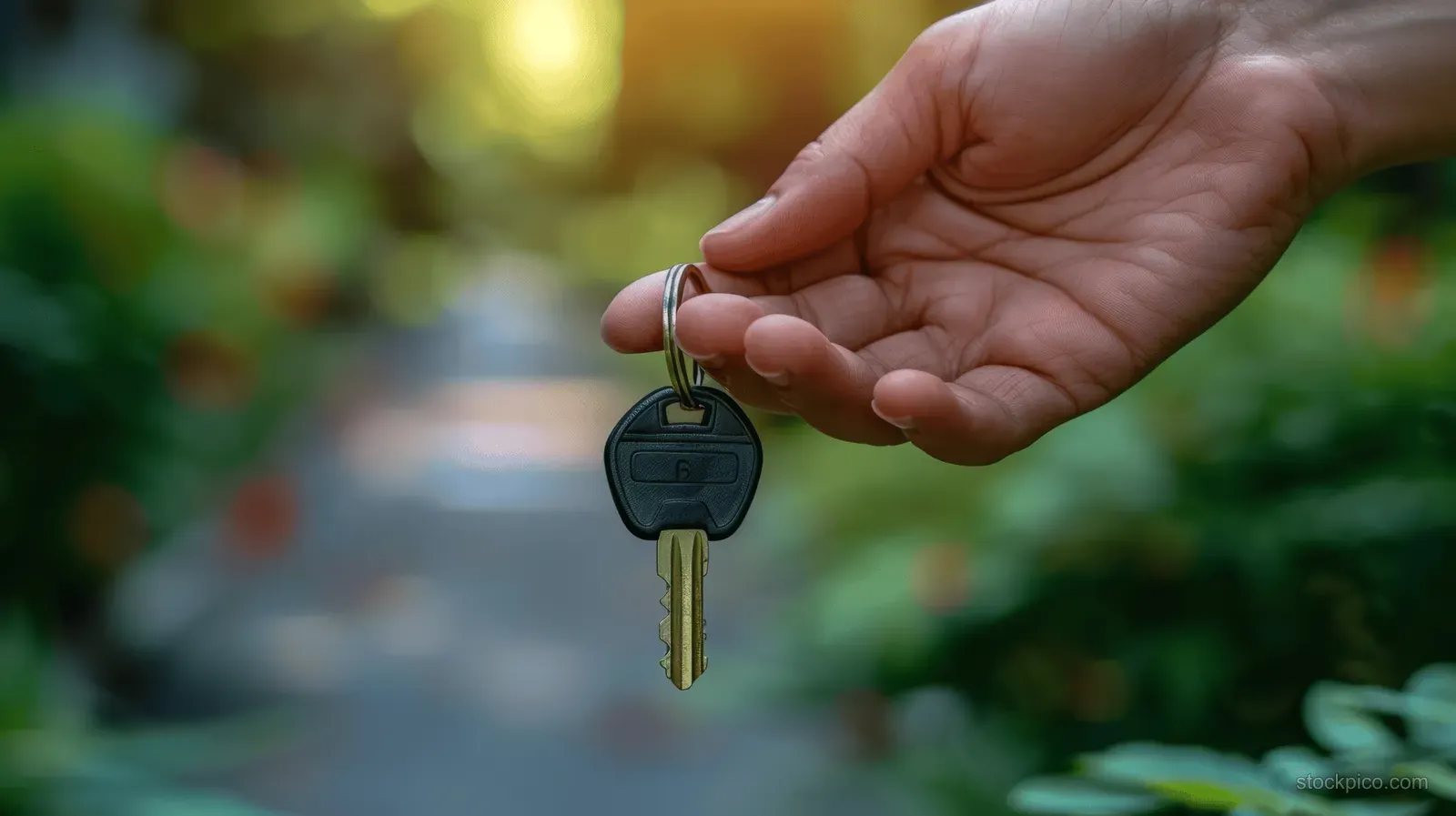 A person’s hand holds house keys outdoors with sunny greenery and a blurred path in the background.
