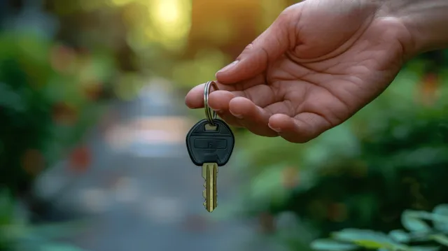 Hand holding house keys outdoors with bright greenery and blurred pathway background