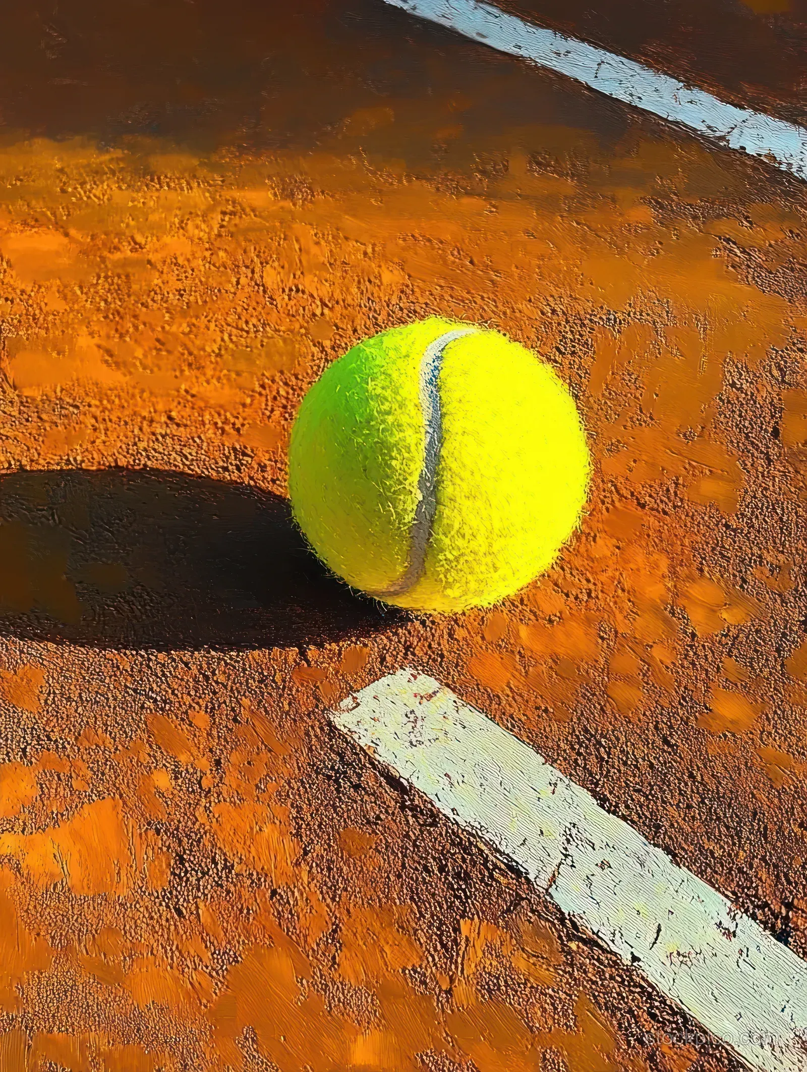 Bright yellow tennis ball rests on textured orange tennis court beside a white boundary line, casting a shadow.