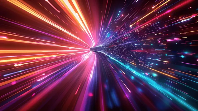 Colorful light trails converge into a glowing vanishing point with fast sci-fi motion blur