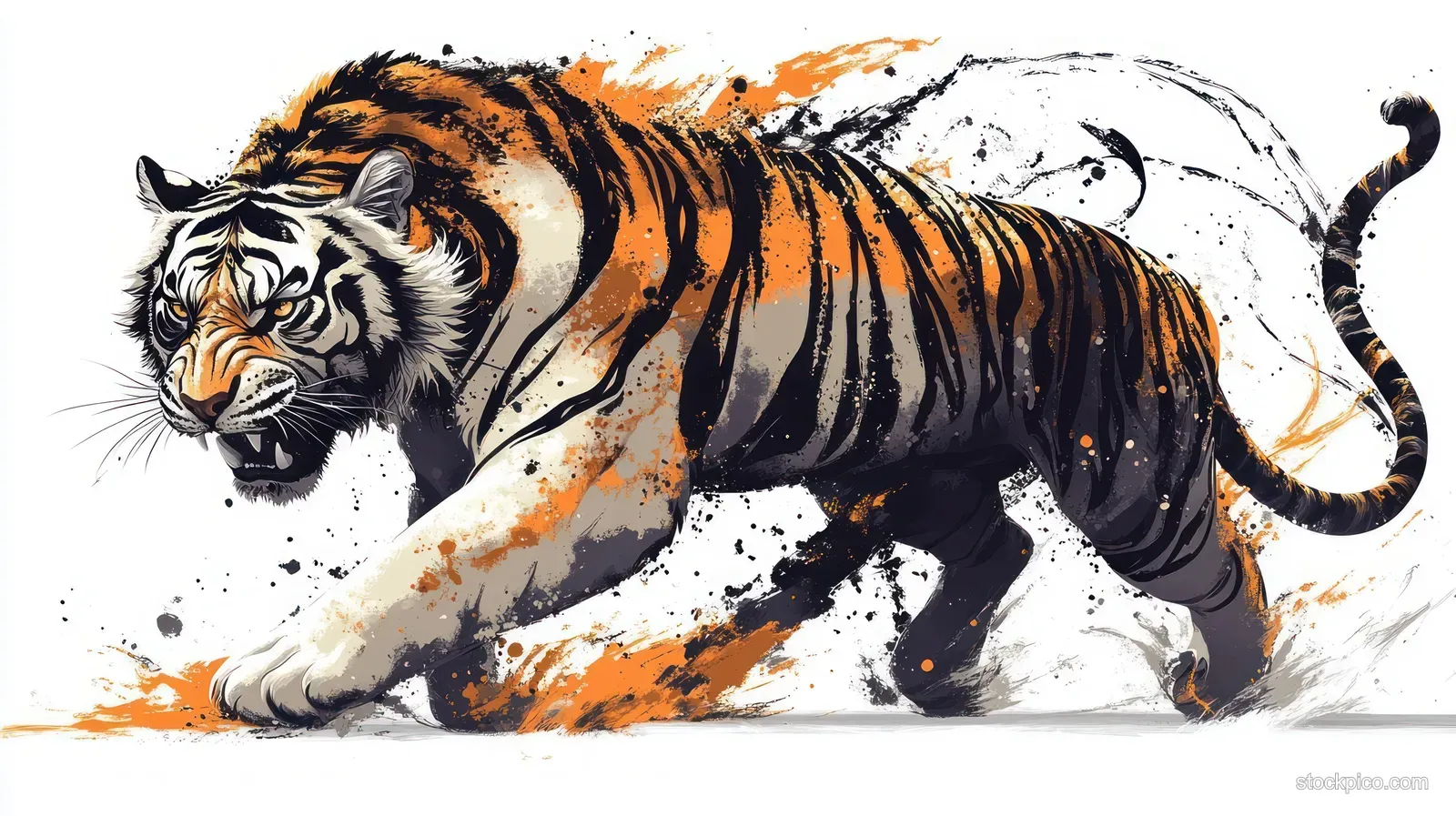 A stylized tiger prowls forward with orange and black paint splashes on a white background.
