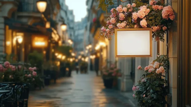 Warm lamps glow along a narrow dusk street lined with pink flowers beside an empty gold-framed hanging sign.