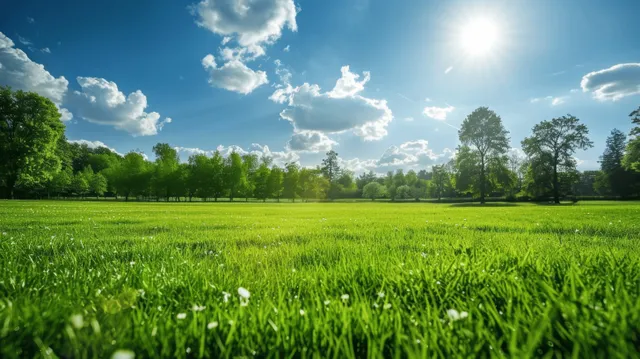Impressionist spring meadow under blue sky, sun glare over green grass and trees
