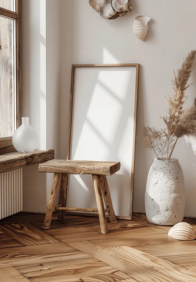 Blank vertical picture frame leaning on a small wooden stool beside a tall vase with dried reeds in a rustic Scandinavian boho room.