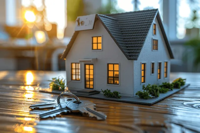 Mini house model with keys on a wooden table under warm window sunlight for a real estate finance concept.