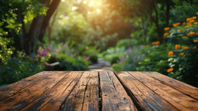 Weathered wooden tabletop in the foreground with a blurred sunlit backyard barbecue scene and golden bokeh.