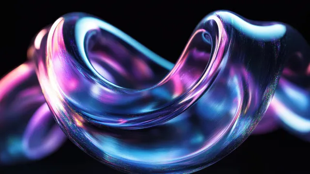 Iridescent twisting ribbon loop with purple blue pink glow on dark background