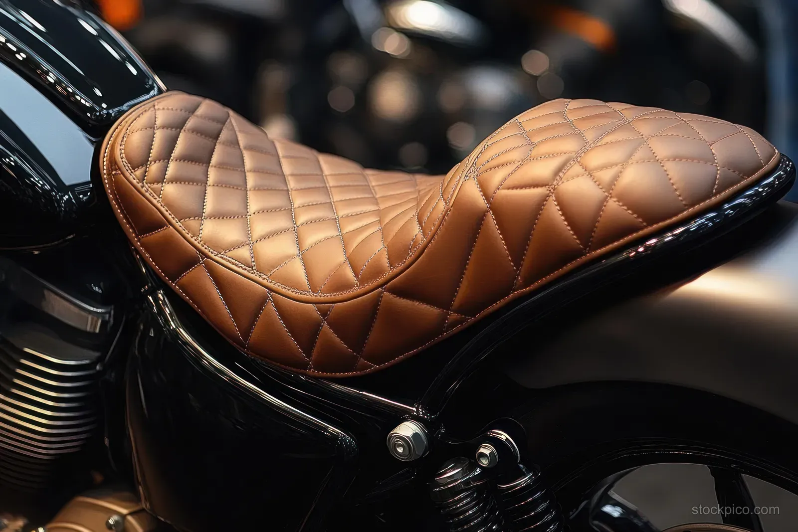 Brown quilted leather motorcycle seat mounted on a black vintage frame with chrome details and stitched leather texture.