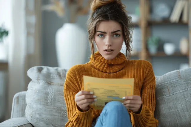 Worried woman reading financial documents on living room sofa, distressed opening envelope