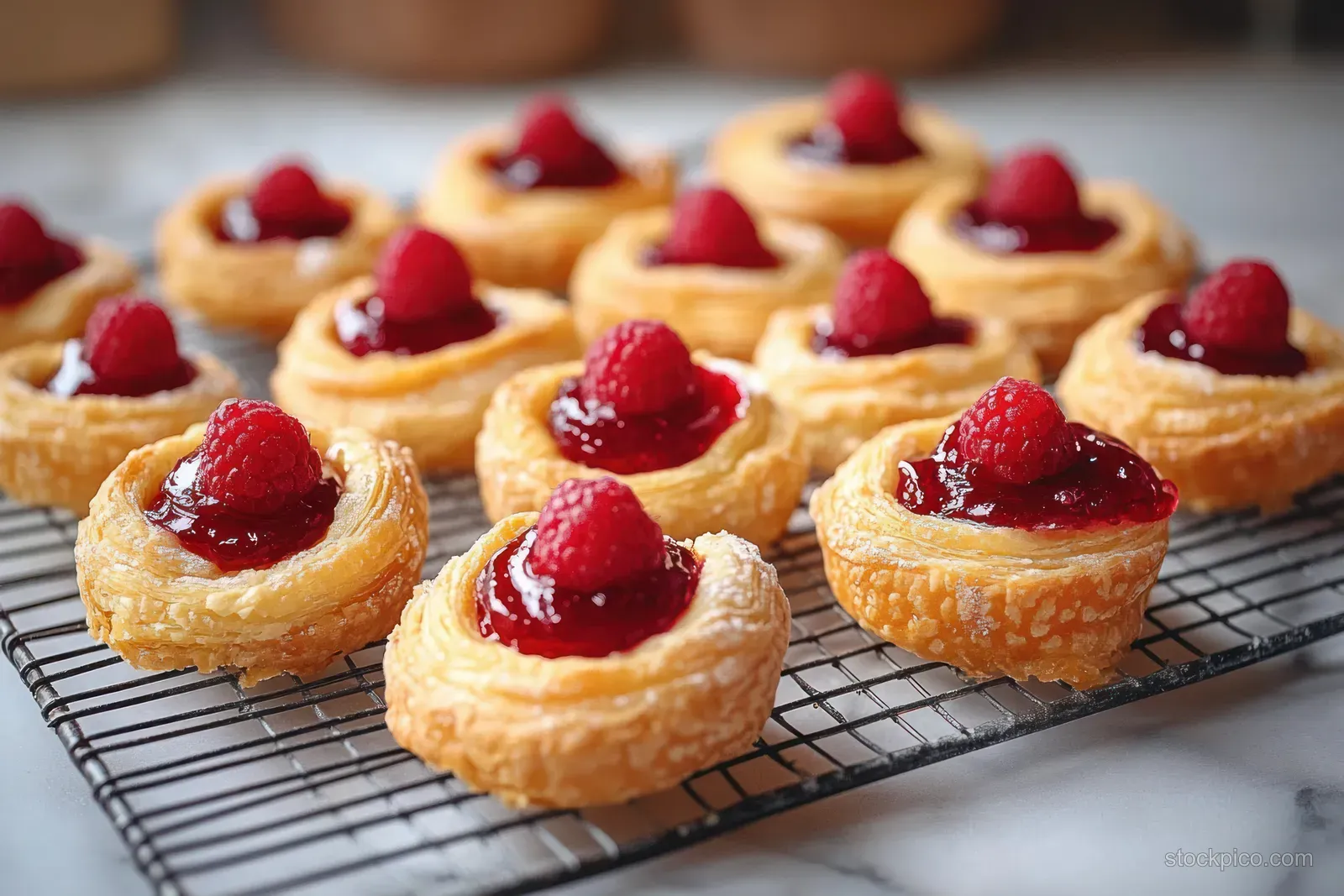 Golden puff pastry tarts filled with glossy red jam and topped with raspberries cooling on a wire rack.