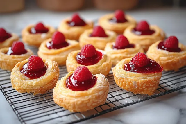 Golden puff pastry tarts filled with glossy red jam and topped with raspberries cooling on a wire rack.