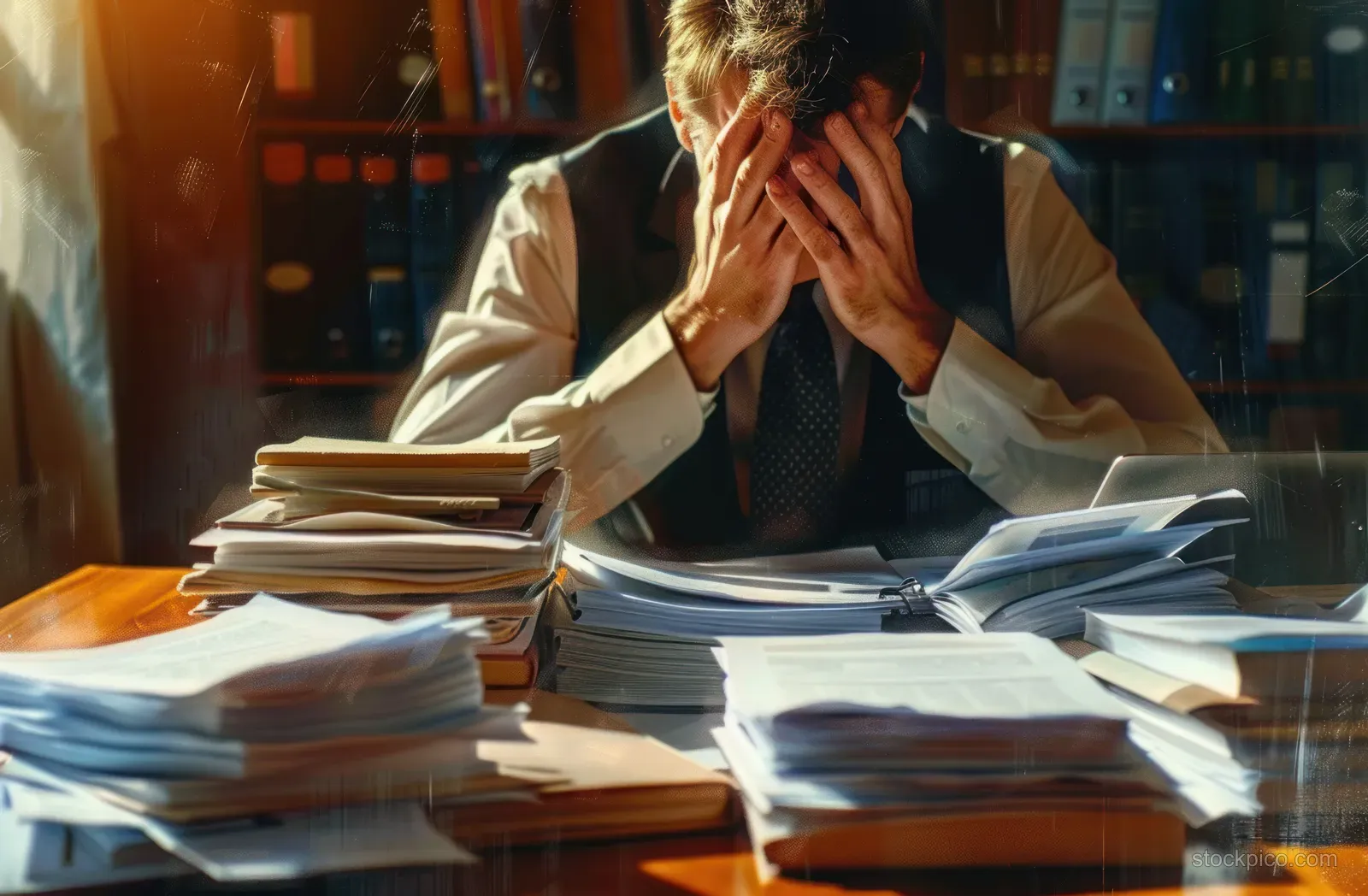 Tired businessman covers his face with hands as towering paperwork piles up on a cluttered desk.