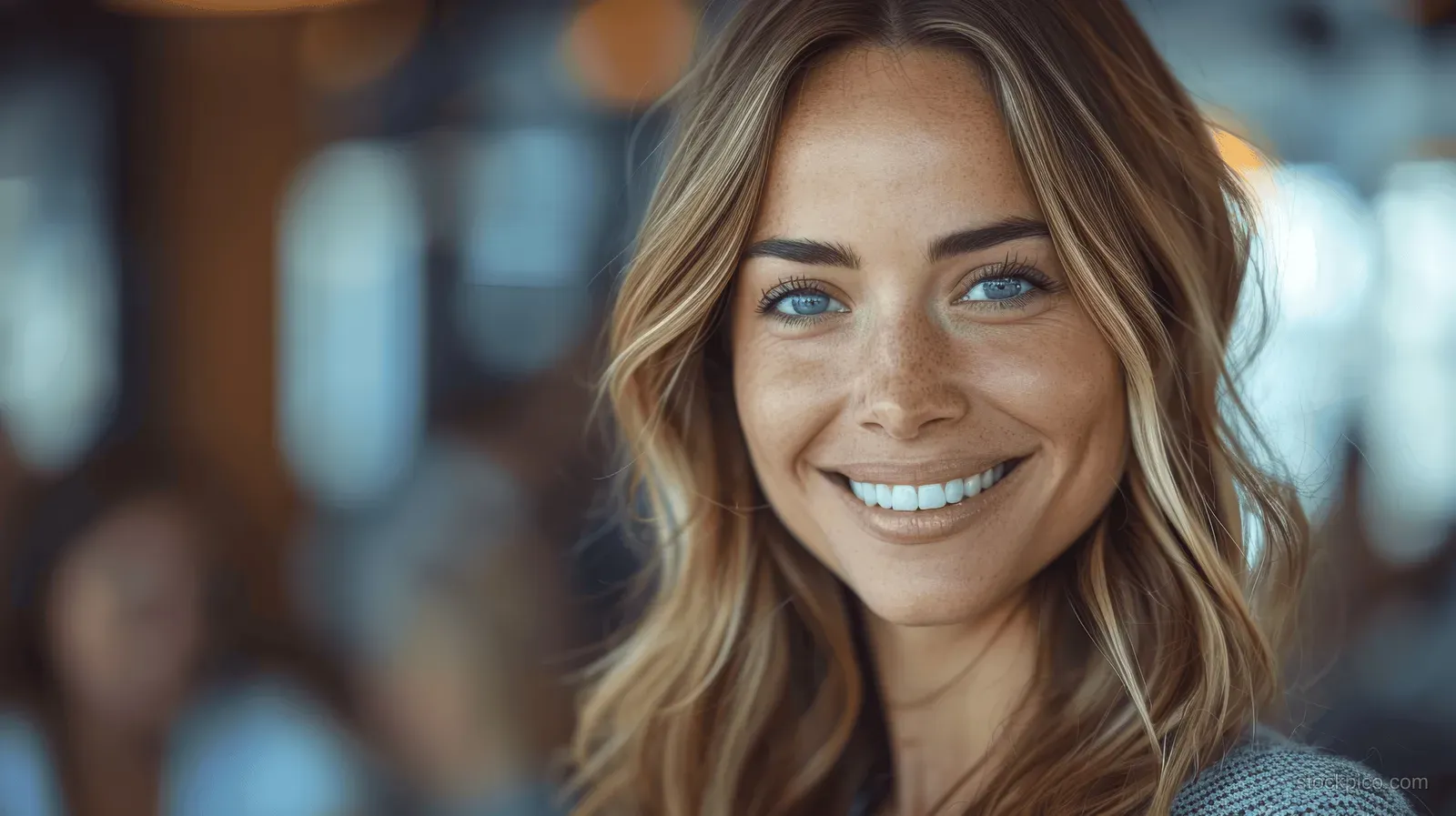 Smiling businesswoman in a corporate office with a blurred meeting room background.