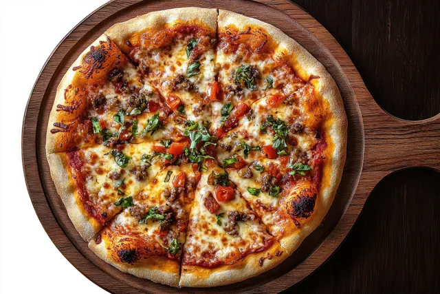 Whole pizza on a wooden paddle with melted cheese, diced tomatoes, ground meat, and green herbs.