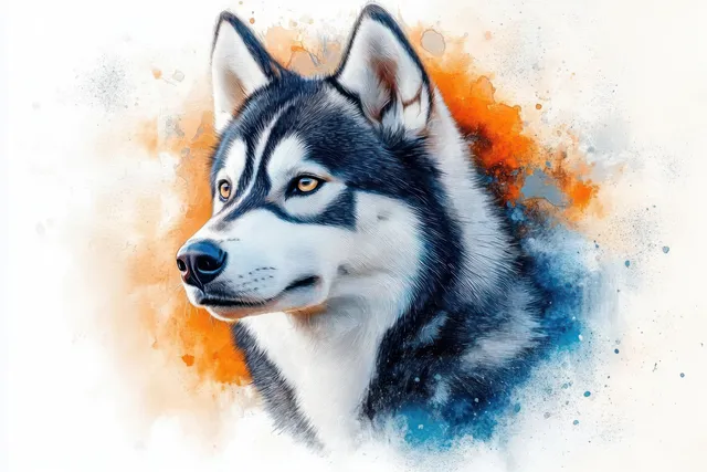 Husky dog portrait with alert yellow eyes facing forward against orange and blue paint splashes.