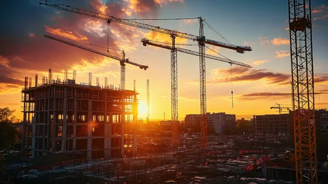 Tower cranes and skeletal building framework on an urban construction site against a colorful sunset sky.