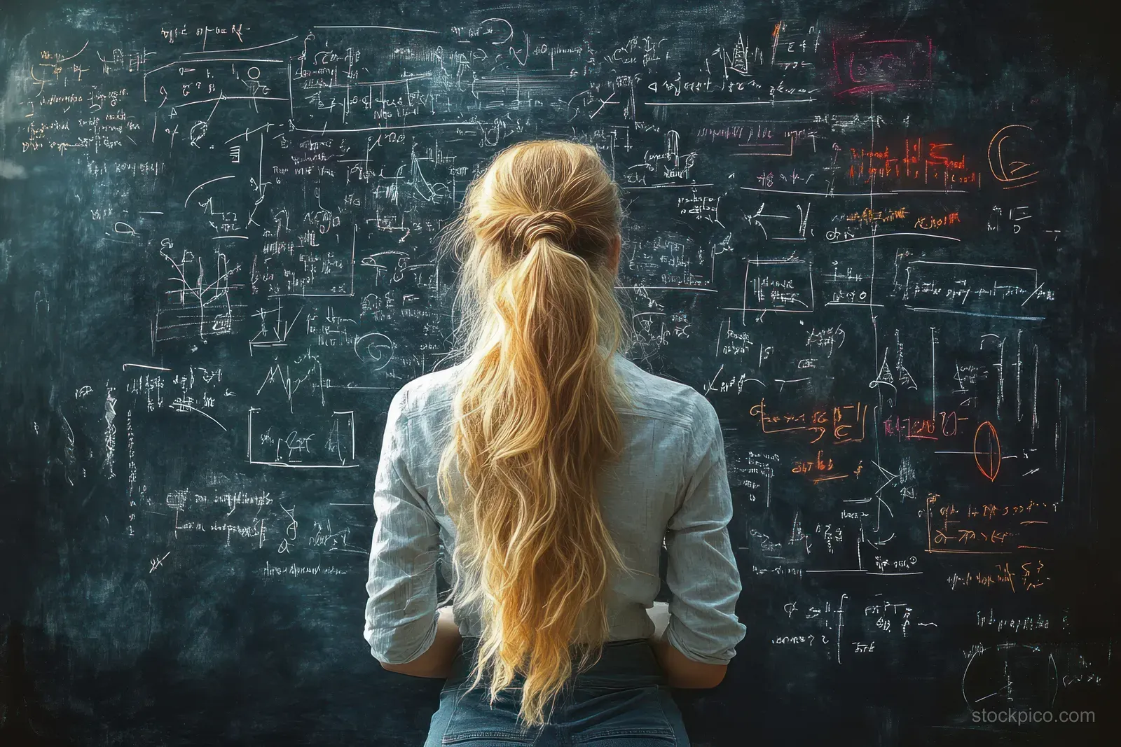 A woman with long blonde hair studies a chalkboard filled with dense math equations and diagrams.