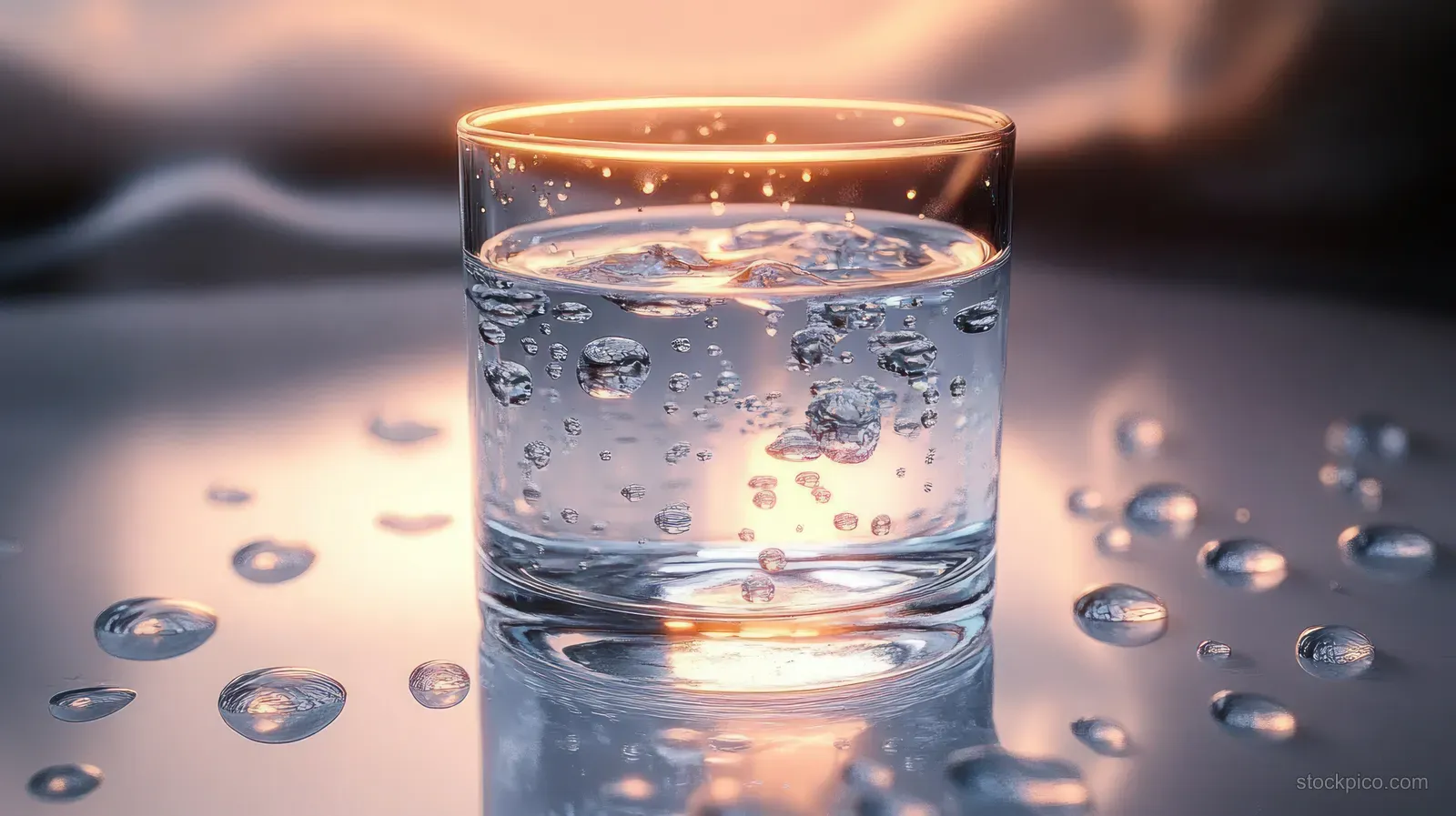 Transparent glass of sparkling water with ice cubes and surrounding droplets reflecting warm light.