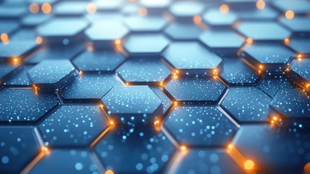 Blue futuristic hexagon pattern with glowing orange nodes and floating data particles resembling medical science.