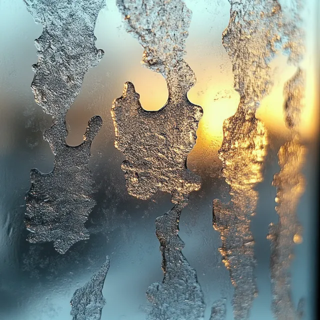 Melting frost clings to window glass as warm golden sunlight glows behind, forming icy textures and reflections.