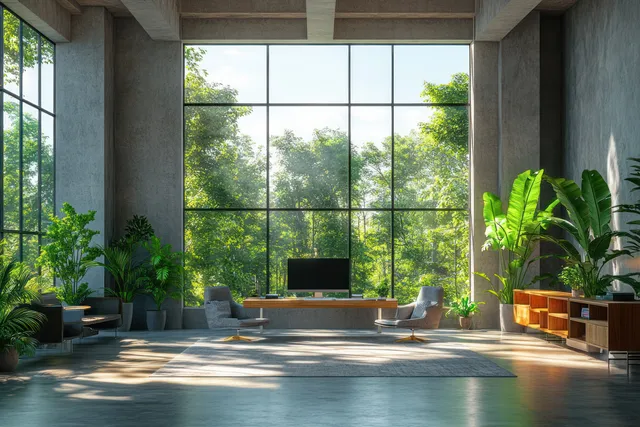 Industrial office lounge with potted plants, concrete walls, and floor-to-ceiling windows streaming sunlight.