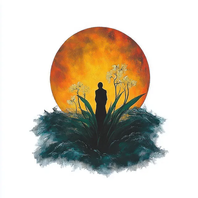 Silhouette of a person standing in flowering plants with a large orange sun glowing behind them.