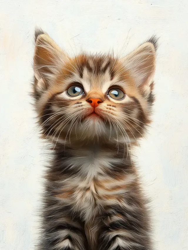A fluffy striped kitten with big green eyes looks upward with curiosity on a light background.