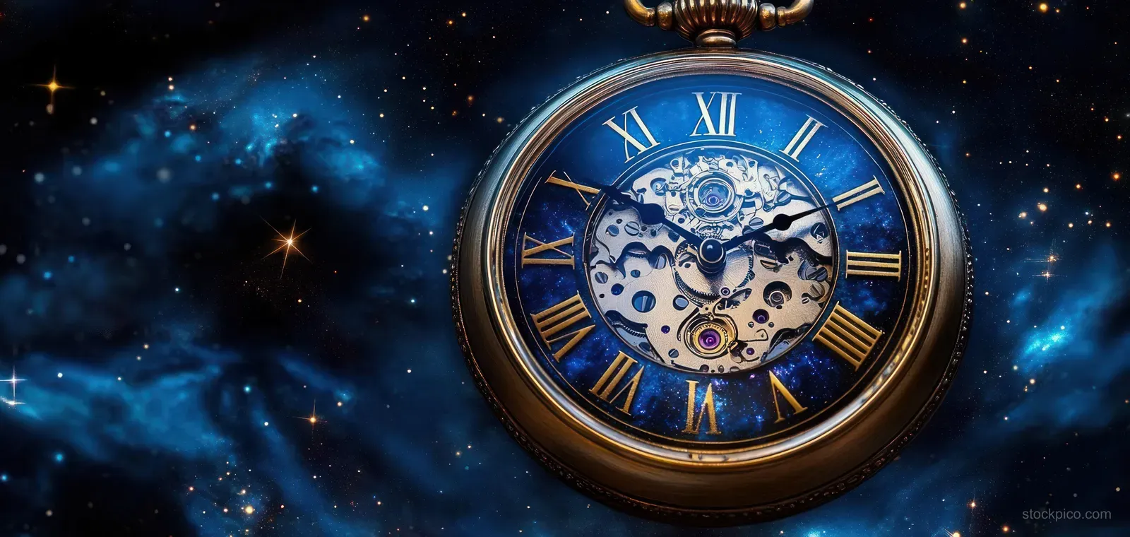 Antique pocket watch with visible mechanical gears and Roman numerals floating in a blue starry cosmic background.