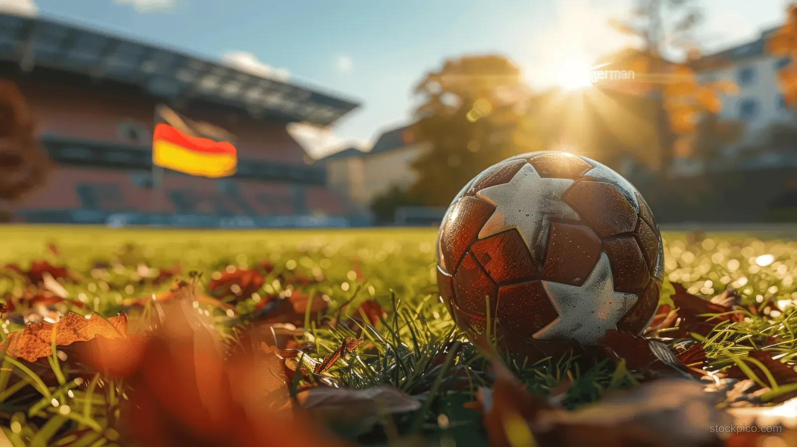 Soccer ball on grass before a stadium with German flag, sun flare, and thumbs-up gesture.