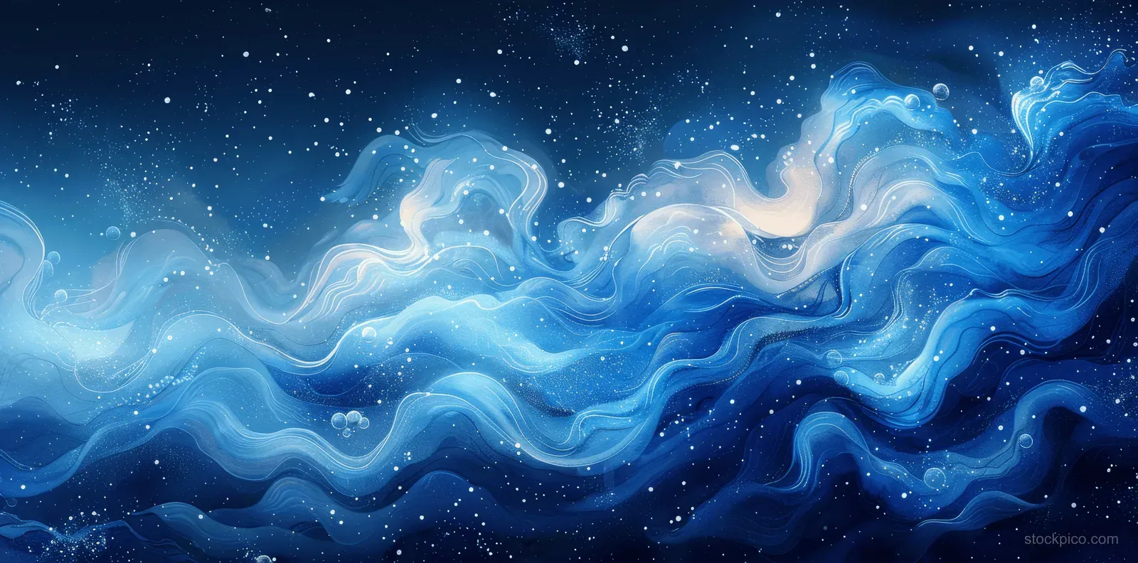 Turquoise and blue watercolor waves swirl across a dark background filled with small stars.