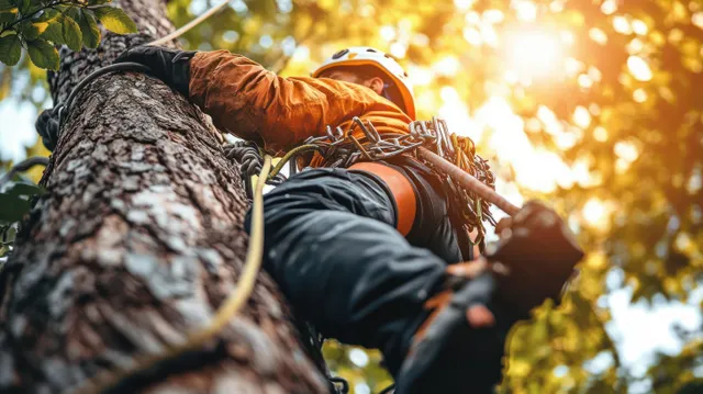A helmeted climber ascends a tree using a harness and rope as sunlight streams through green leaves.