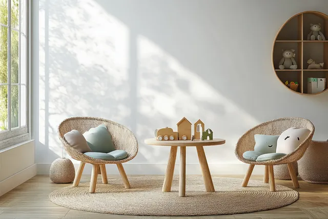 Sunlit Scandinavian playroom corner with a round wooden table, woven chairs, and plush animal toys on a rug.