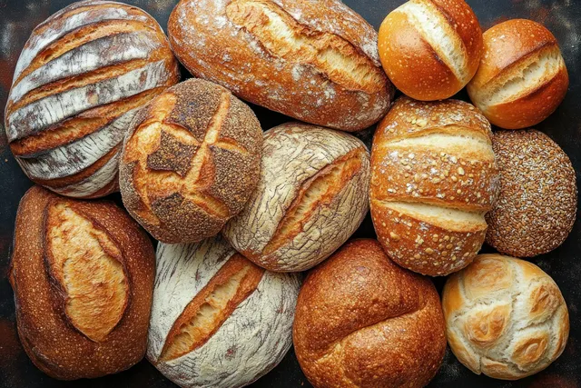 Rustic bread loaves and rolls piled together showing golden crusts and flour-dusted textured surfaces.