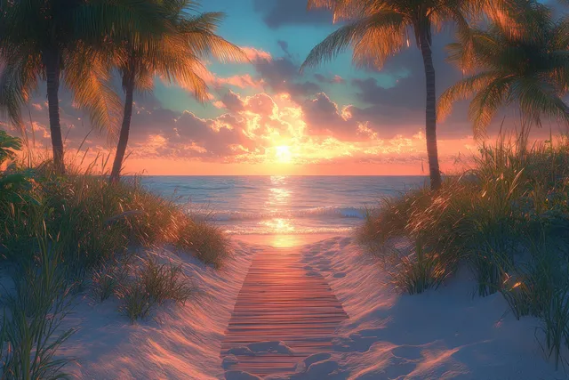 Palm trees frame a sandy walkway toward a sunset sea with distant marina skyscrapers.