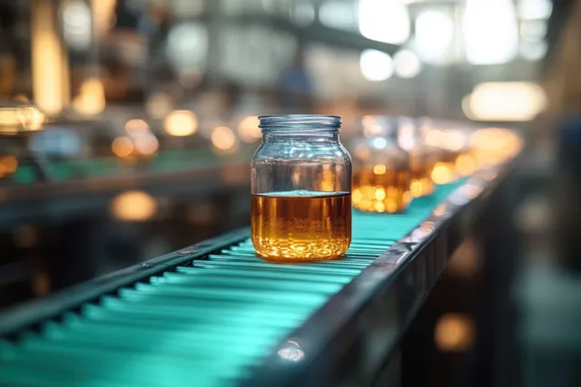 Amber liquid in glass jars moves along an automated conveyor belt in a brightly lit bottling facility.