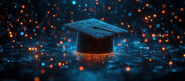 Digital graduation cap floating in abstract tech space with glowing network nodes