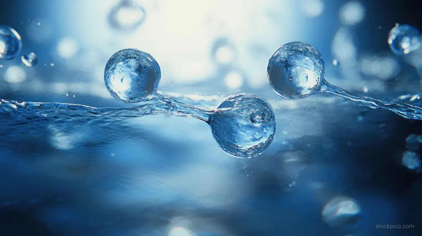 Blue water molecule spheres hover above a rippling liquid surface with soft reflections.