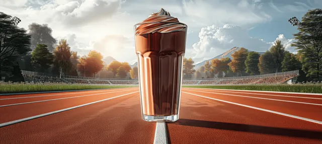 Chocolate milkshake glass sits on a red stadium running track with trees and mountains in the sunrise background.