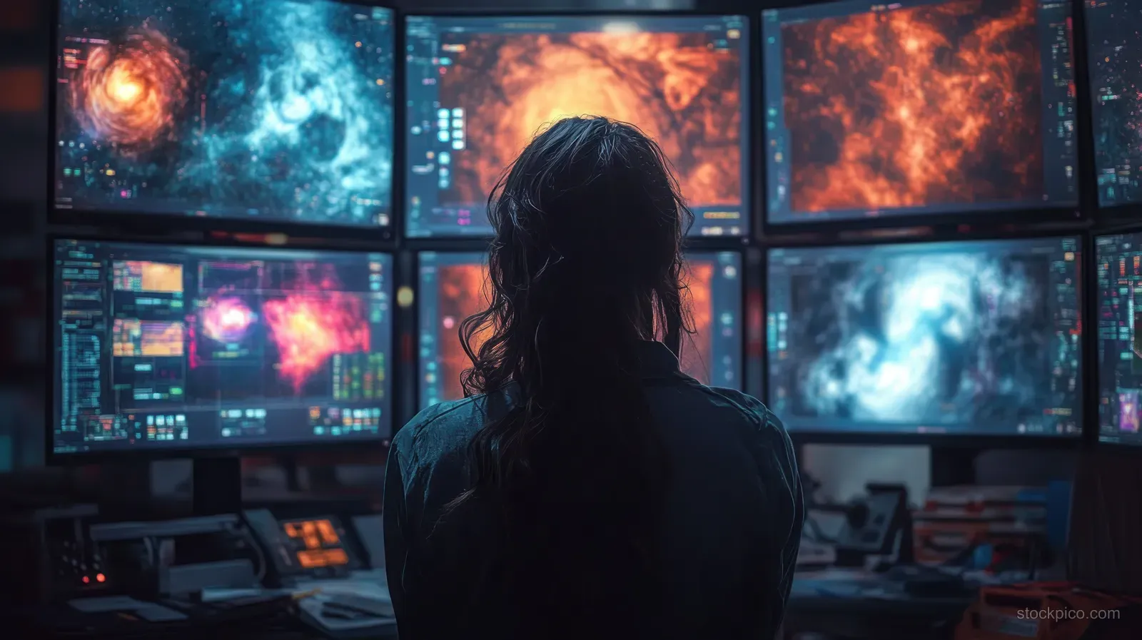 A person seated in a dim control room facing multiple monitors showing colorful cosmic galaxies.