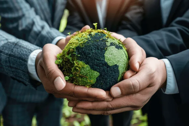 Hands hold a moss-covered green earth globe symbolizing climate action and conservation.