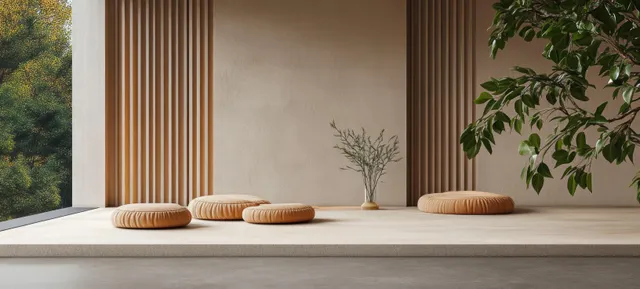 Minimalist interior set with empty cosmetic-style pedestals, small plants, and a textured wall under soft daylight.