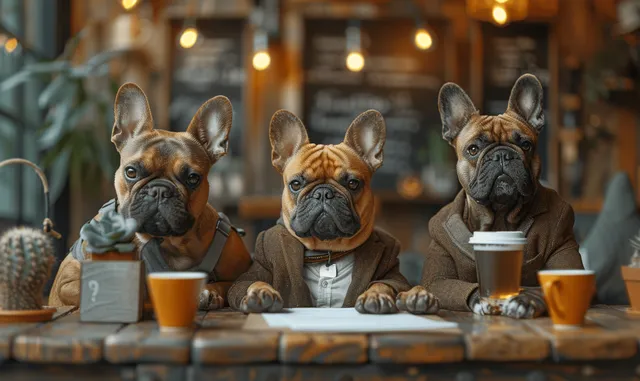 Three French bulldogs in small business suits sit at a conference table with coffee cups and papers in a warmly lit office.