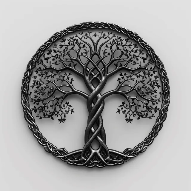 Black metallic Tree of Life medallion with interwoven branches and an ornate Celtic knot circular border.