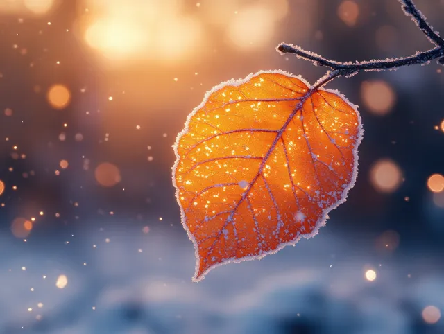 Frozen orange leaf on bare branch with sparkling ice crystals in winter sunlight