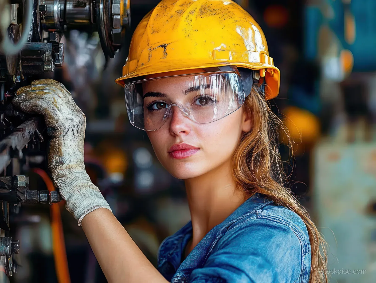 A young woman in a yellow safety helmet and goggles adjusts an industrial machine while wearing gloves in a factory.
