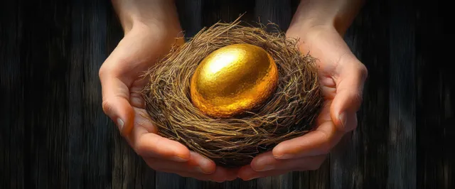 Hands holding a gold egg in a nest on a dark wooden table