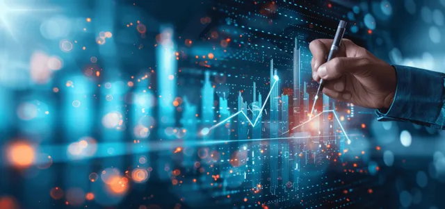 A business analyst hand draws an upward trend line on a glowing financial chart with data points.
