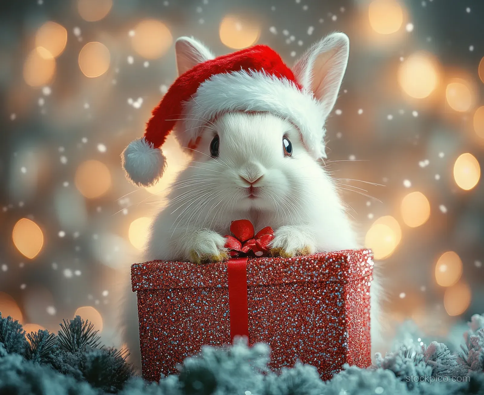 Fluffy white rabbit with a Santa hat peeks from a glittery red gift box on snow.