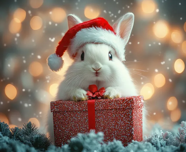Fluffy white rabbit with a Santa hat peeks from a glittery red gift box on snow.