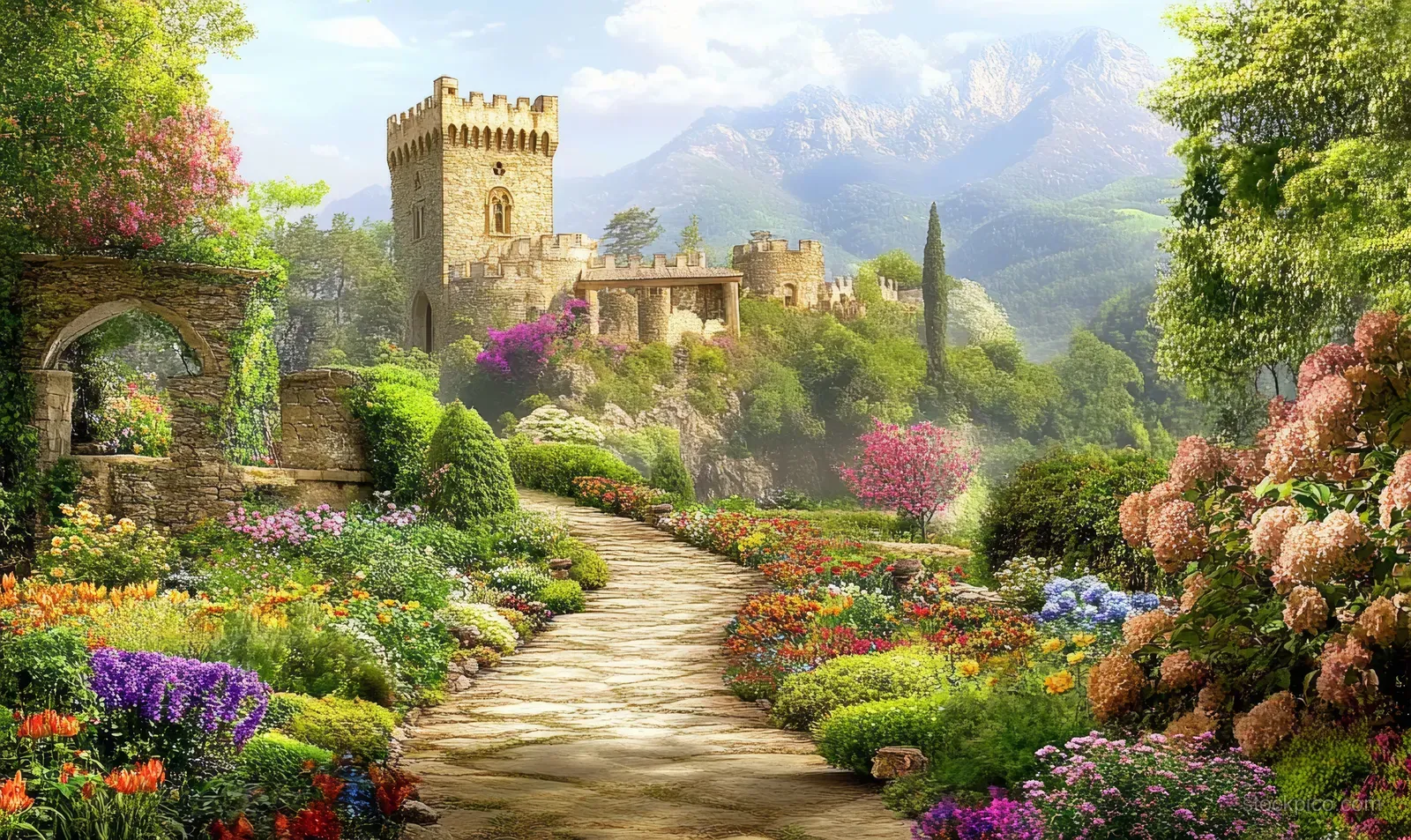 A stone path curves through colorful flowerbeds toward a medieval castle tower surrounded by greenery.